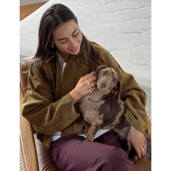 Women's Faux Suede Bomber Jacket Oversized Long Sleeve Zip Up Cropped Brown - Picture 5 of 5